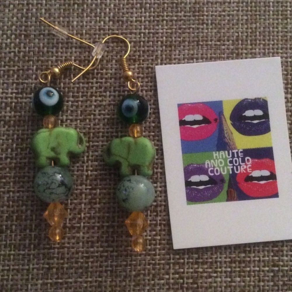 Handmade Green Elephant Howlite Evil Eye Earrings